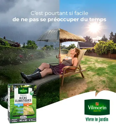 Gazon Vilmorin Aléas climatiques, femme détendue sur un transat entre pluie et soleil