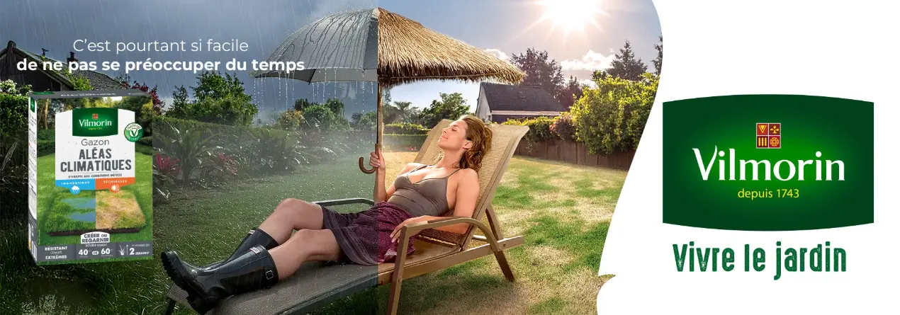 Gazon Vilmorin Aléas climatiques, femme détendue sur un transat entre pluie et soleil