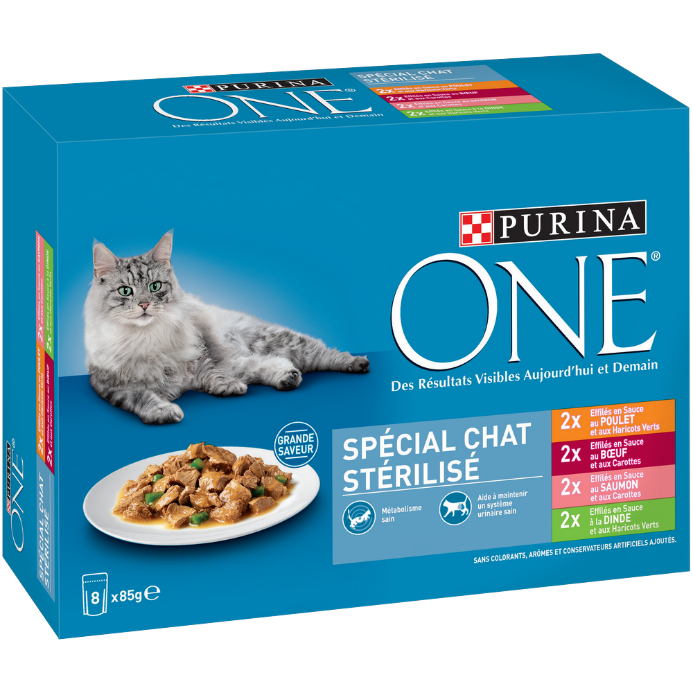 Boîte pâtées en sauce chats stérilisés viande/poisson PURINA ONE - 8X85g