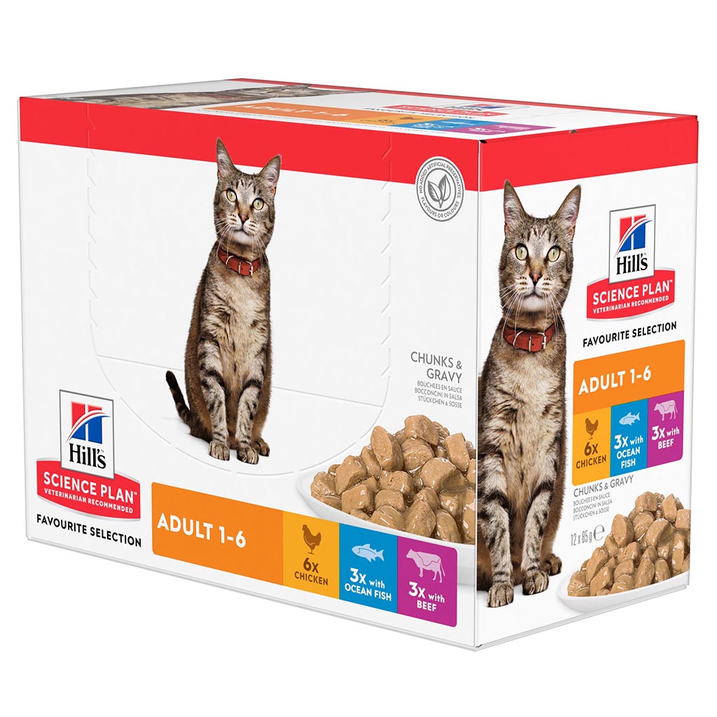 Boîte pâtées chats adultes poulet/bœuf/poisson HILL'S - 12x85g